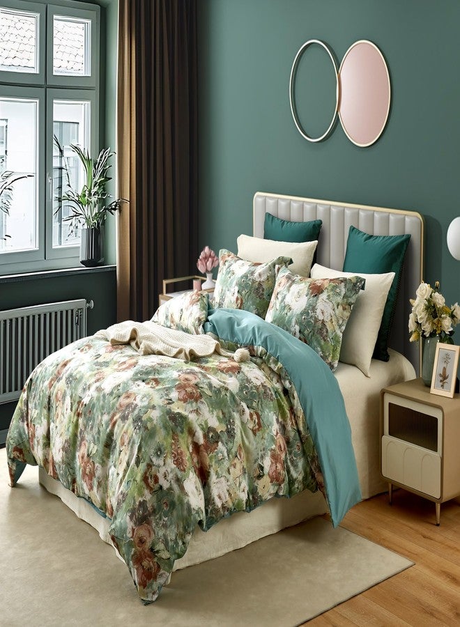 Cupocupa Vintage Bohemian Twin Duvet Cover Set, Watercolor Floral Bedding Set with Zipper Closure & Corner Ties, Luxury Soft Microfiber Teal Brown Floral Duvet Cover for Bedroom Decor - Image 2